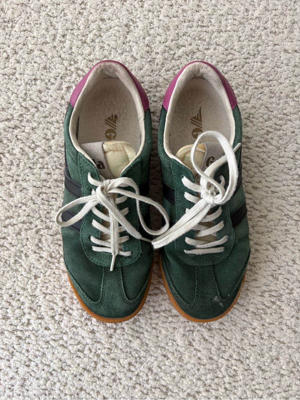 Gola Green Suede Sneakers with Black Stripes and Pink Heel Accent